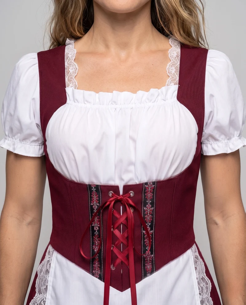 Damen Dirndl Kleid mit feiner Spitze und Satin Gürtel Drune