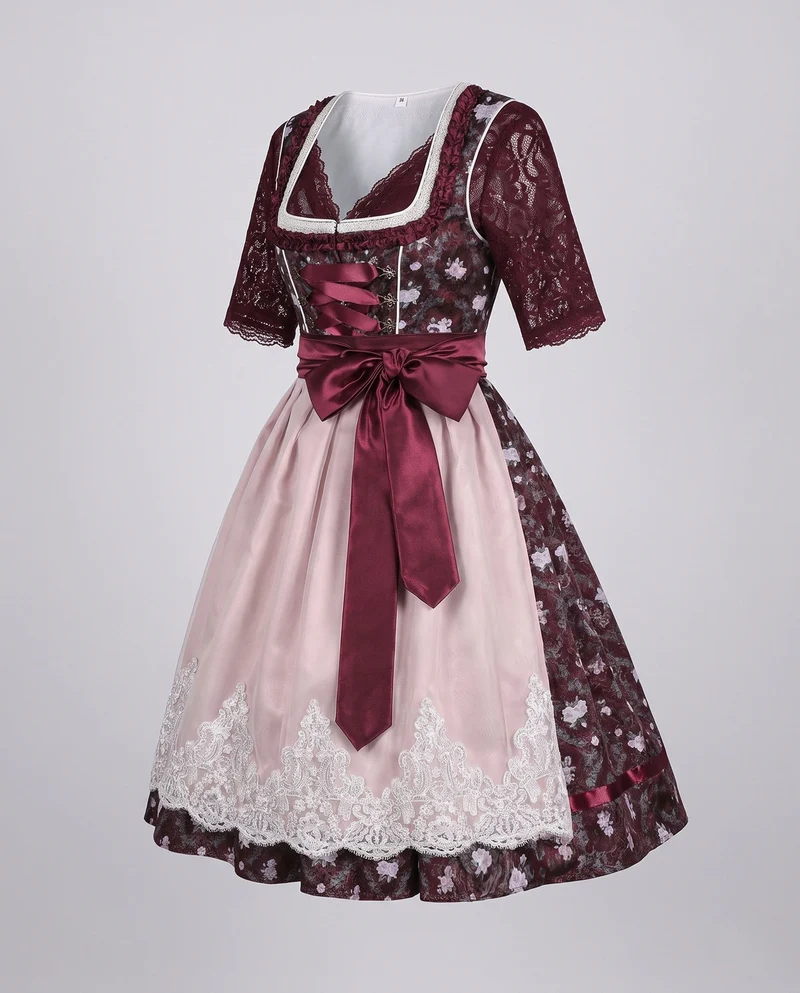 Damen Dirndl Kleid mit feiner Spitze und Satin Gürtel Drune