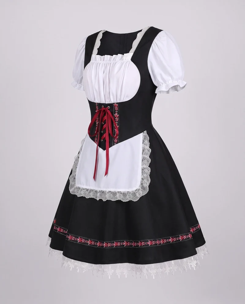 Damen Dirndl Kleid mit feiner Spitze und Satin Gürtel Drune
