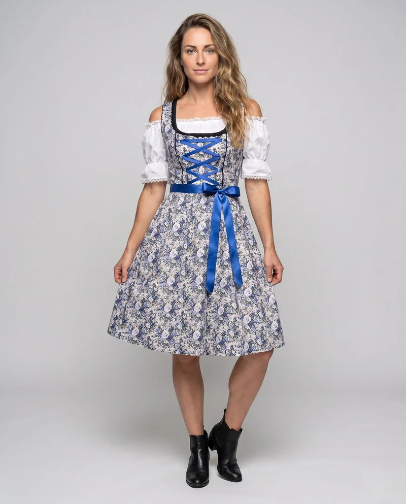 Damen Dirndlkleid mit floralem Design und raffiniertem Taillengürtel Drune