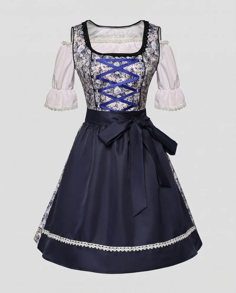Damen Dirndlkleid mit floralem Design und raffiniertem Taillengürtel Drune