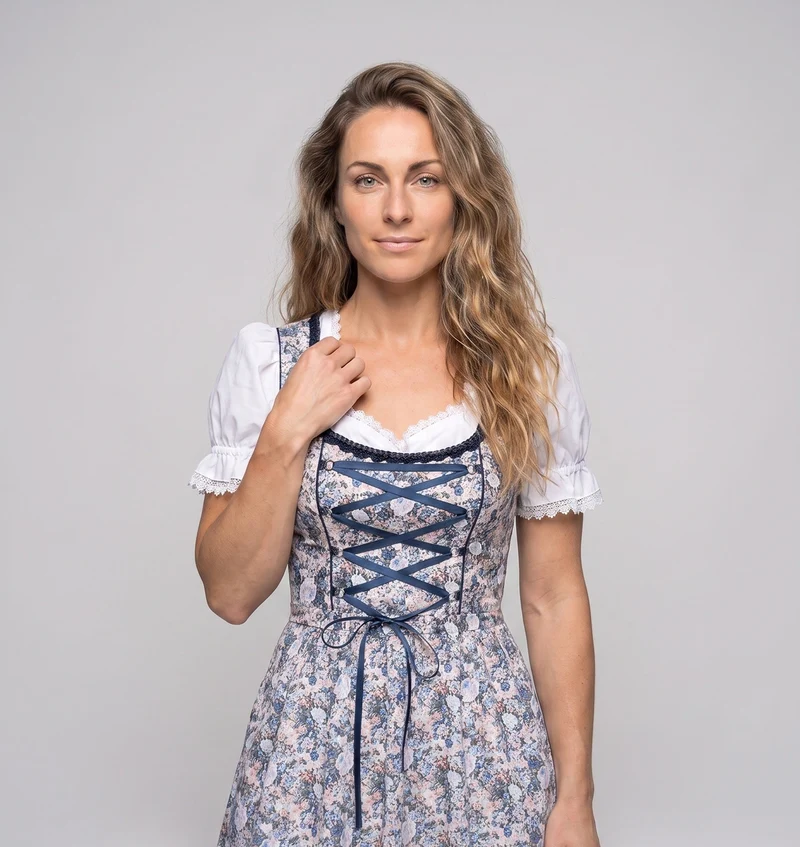 Frauen Dirndl Kleid mit floralem Einsatz und hochwertiger Spitzenverzierung Drune