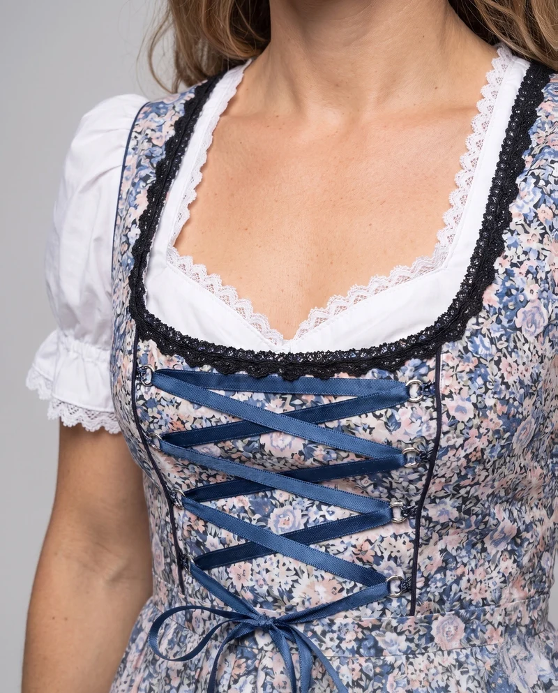 Frauen Dirndl Kleid mit floralem Einsatz und hochwertiger Spitzenverzierung Drune