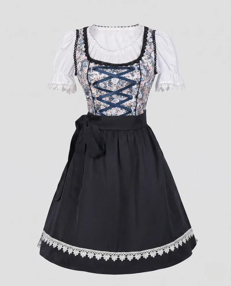 Frauen Dirndl Kleid mit floralem Einsatz und hochwertiger Spitzenverzierung Drune