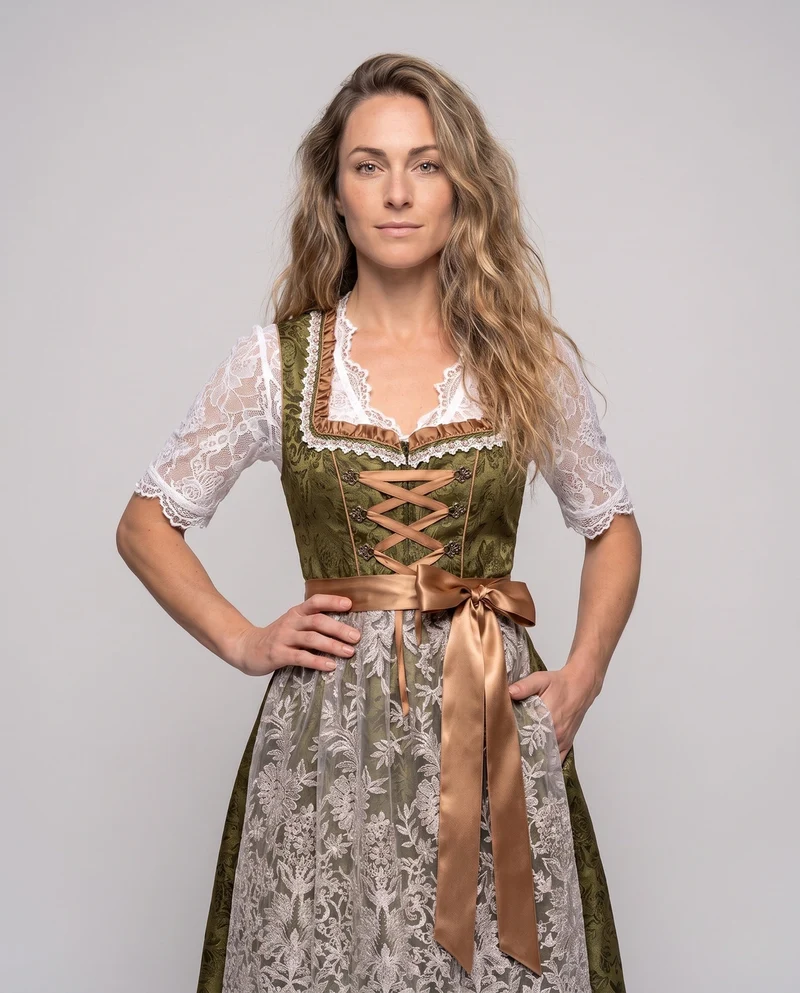 Damen Dirndl mit Spitzenverzierungen und elegantem Schürze Drune