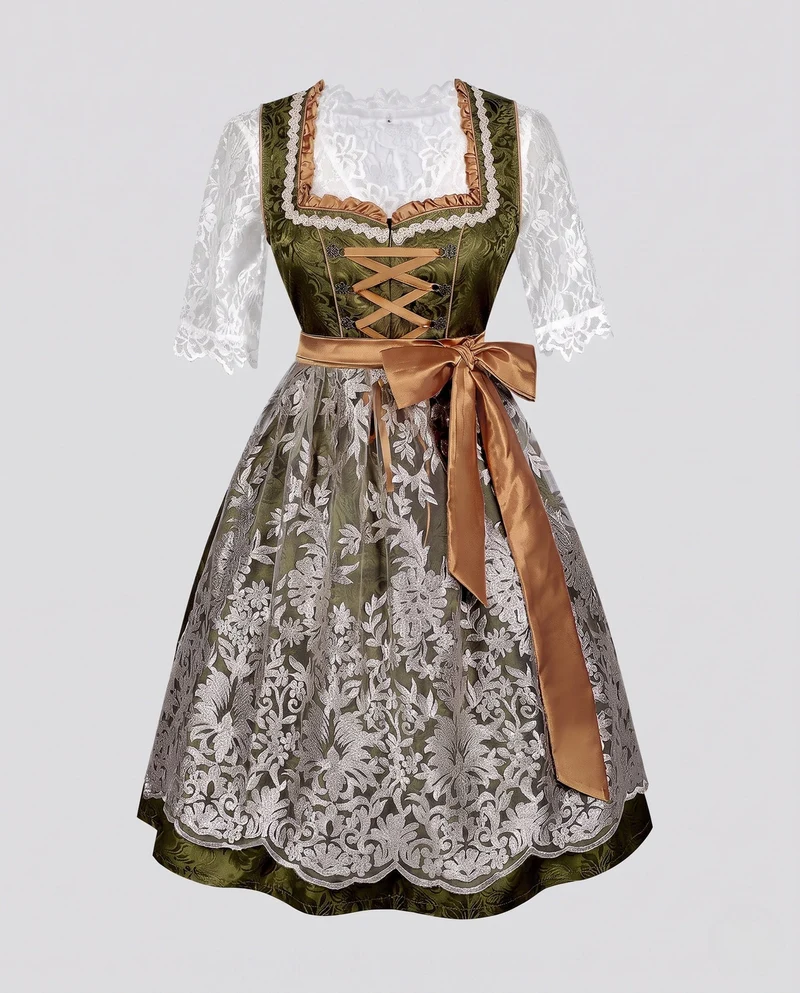Damen Dirndl mit Spitzenverzierungen und elegantem Schürze Drune