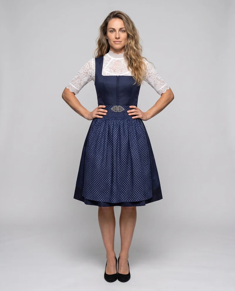 Damen Dirndl Kleid mit Spitzenärmeln und hochwertigem Schürze Drune