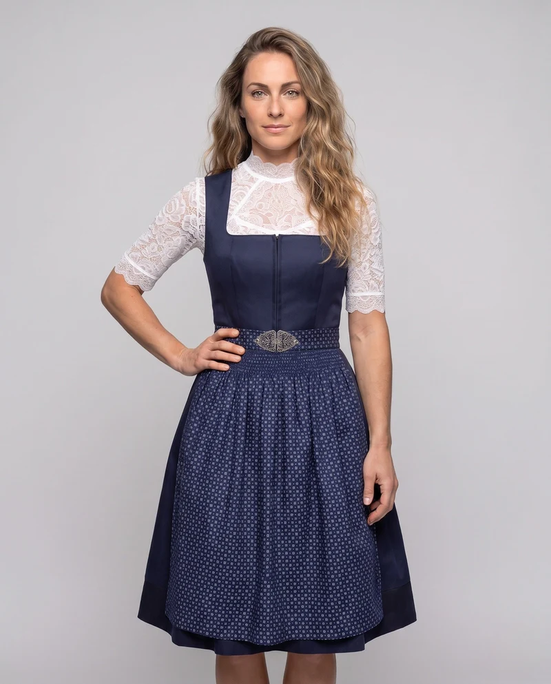 Damen Dirndl Kleid mit Spitzenärmeln und hochwertigem Schürze Drune