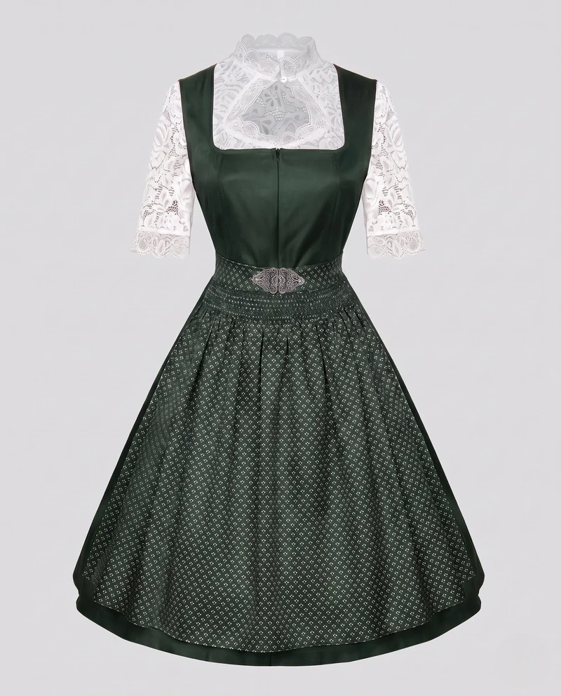 Damen Dirndl Kleid mit Spitzenärmeln und hochwertigem Schürze Drune