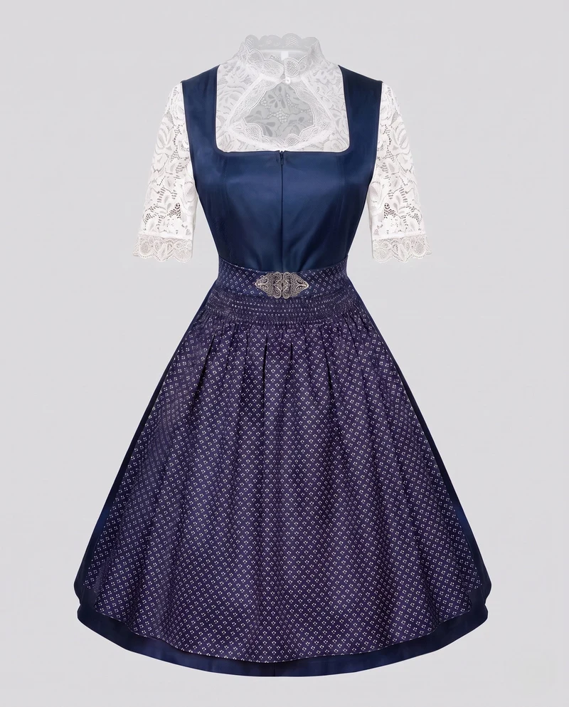 Damen Dirndl Kleid mit Spitzenärmeln und hochwertigem Schürze Drune