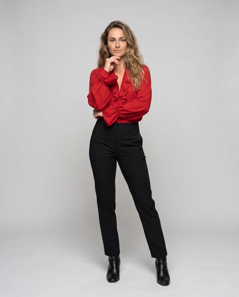 Damen elegante Bluse mit Rüschen und hochtaillierten Hosen Drune