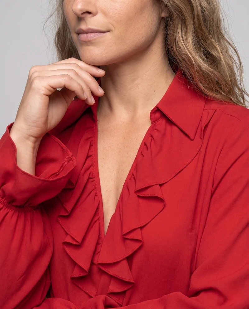 Damen elegante Bluse mit Rüschen und hochtaillierten Hosen Drune