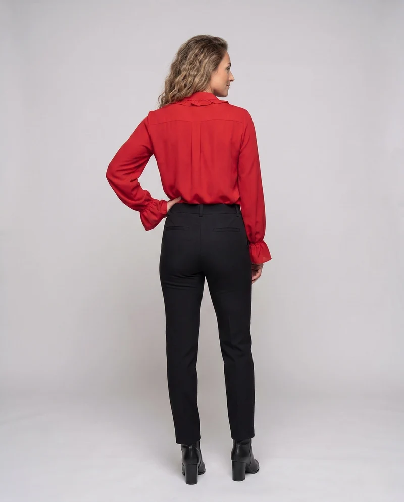 Damen elegante Bluse mit Rüschen und hochtaillierten Hosen Drune