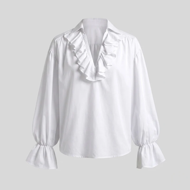 Damen elegante Bluse mit Rüschen und hochtaillierten Hosen Drune