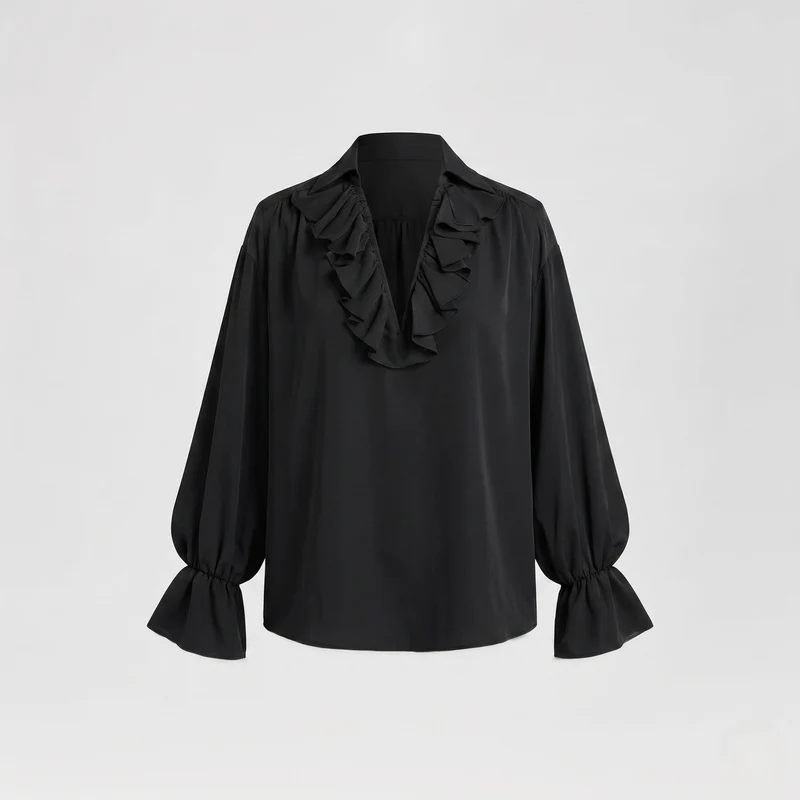 Damen elegante Bluse mit Rüschen und hochtaillierten Hosen Drune