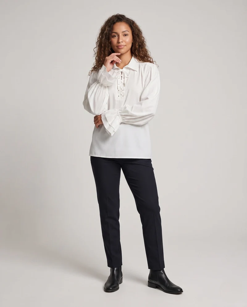 Damen elegante Bluse mit Rüscheln und dekorativem Schnürdetail Drune