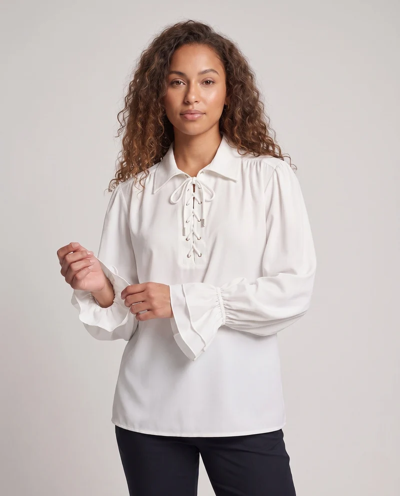 Damen elegante Bluse mit Rüscheln und dekorativem Schnürdetail Drune