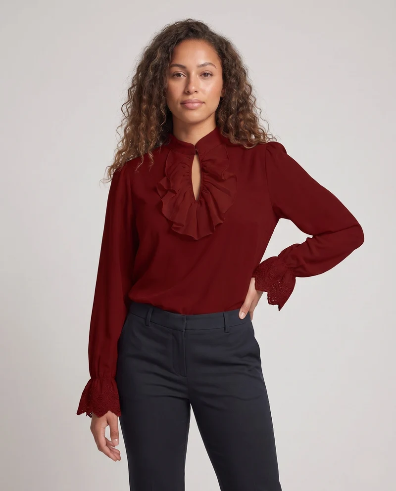 Damen elegante Bluse mit Rüschendetails und subtiler Spitze dekorativen Drune