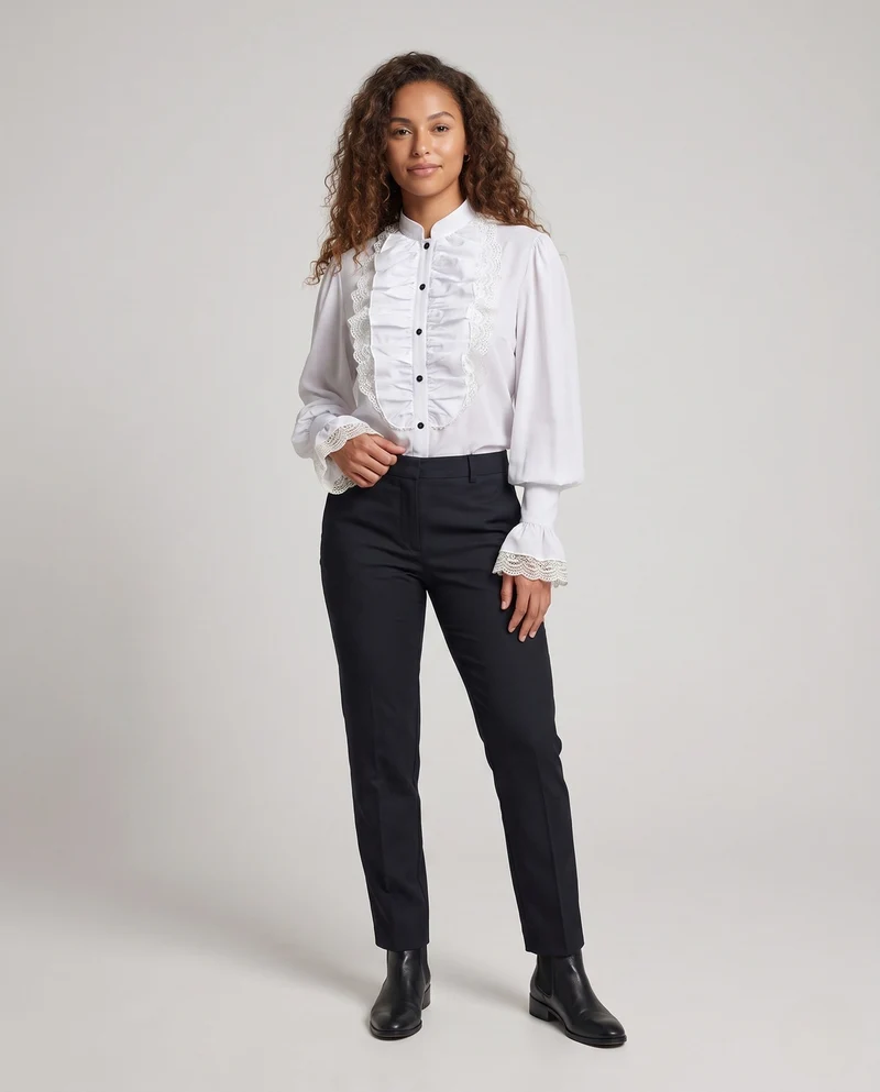 Frauen elegante Bluse mit Rüschendetails und Spitze Akzenten Drune