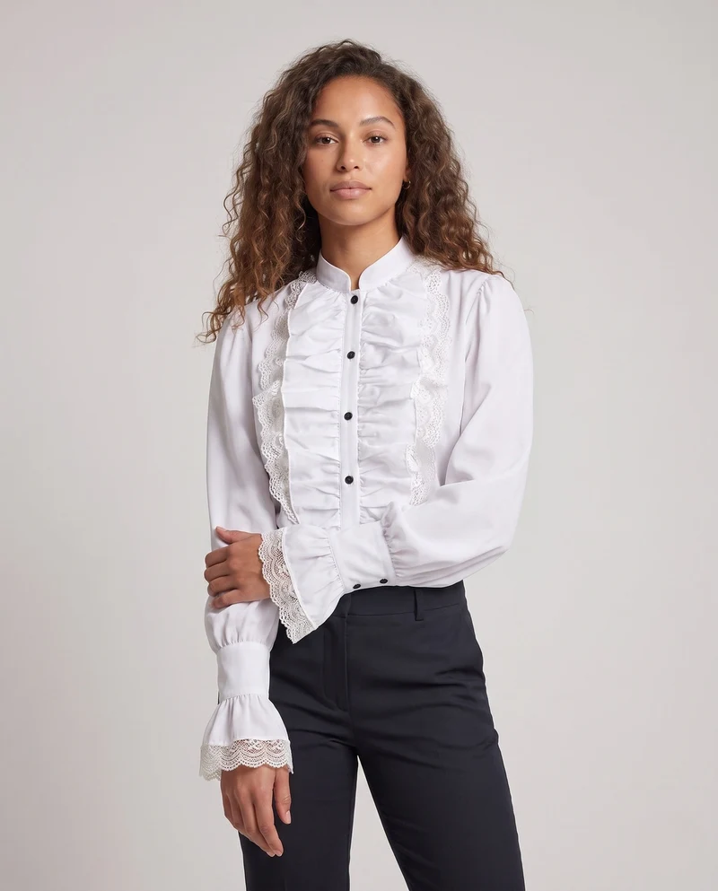 Frauen elegante Bluse mit Rüschendetails und Spitze Akzenten Drune