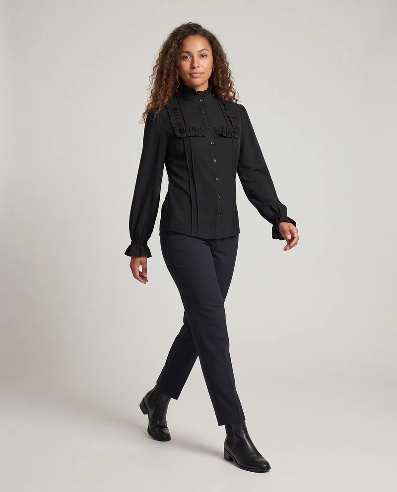 Damen elegante Bluse mit Rüschendetails und Stehkragen Drune