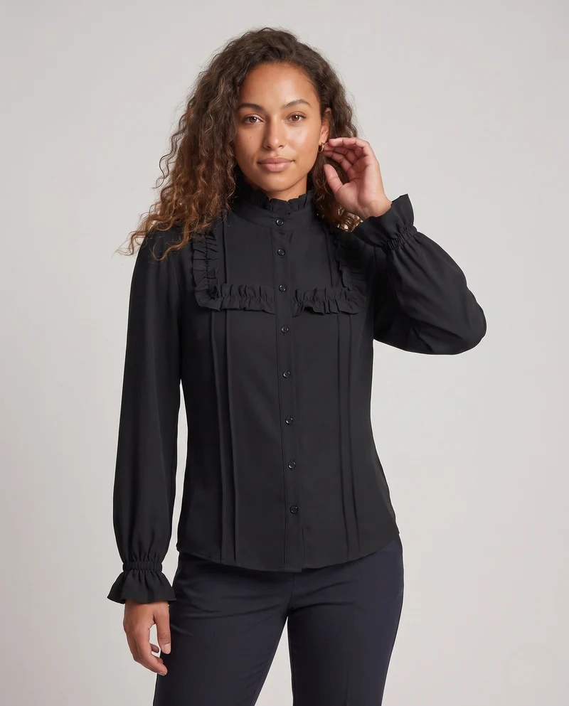 Damen elegante Bluse mit Rüschendetails und Stehkragen Drune