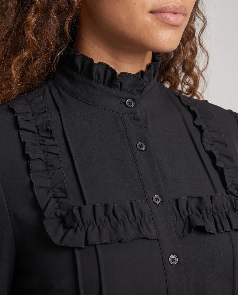 Damen elegante Bluse mit Rüschendetails und Stehkragen Drune