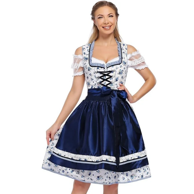 Damen nan klassisches Dirndlkleid mit geschnürtem Mieder, knielanger Trachtenrock und Satinschleife Drune