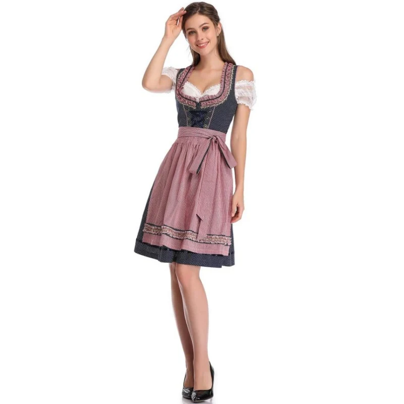 Damen nan klassisches Dirndlkleid mit geschnürtem Mieder, knielanger Trachtenrock und Satinschleife Drune