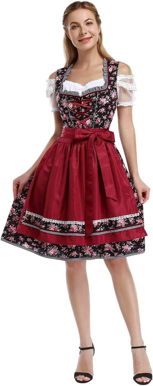 Damen nan klassisches Dirndlkleid mit geschnürtem Mieder, knielanger Trachtenrock und Satinschleife Drune