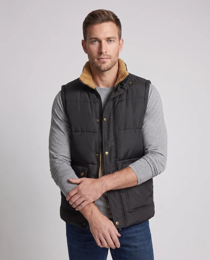 Herren gepolsterte Outdoor-Weste mit Teddyfutter, hohem Stehkragen und Klappentaschen