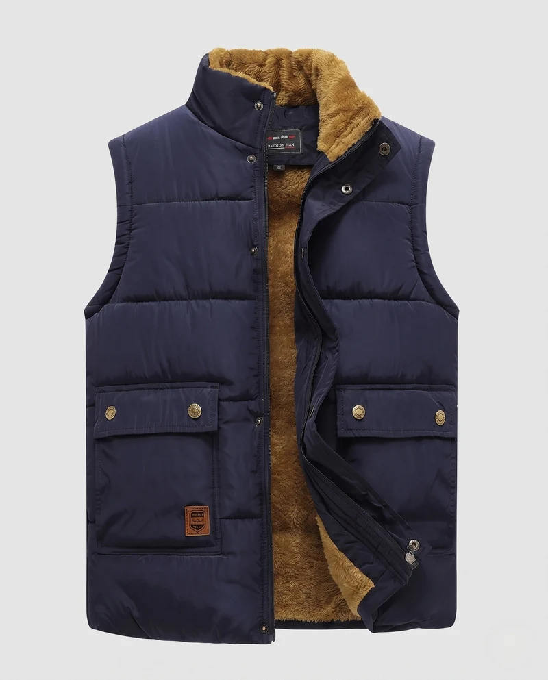 Herren gepolsterte Outdoor-Weste mit Teddyfutter, hohem Stehkragen und Klappentaschen