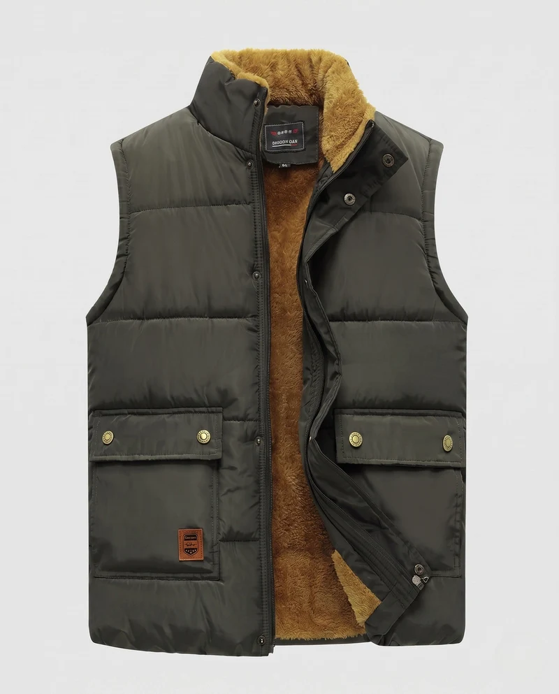 Herren gepolsterte Outdoor-Weste mit Teddyfutter, hohem Stehkragen und Klappentaschen