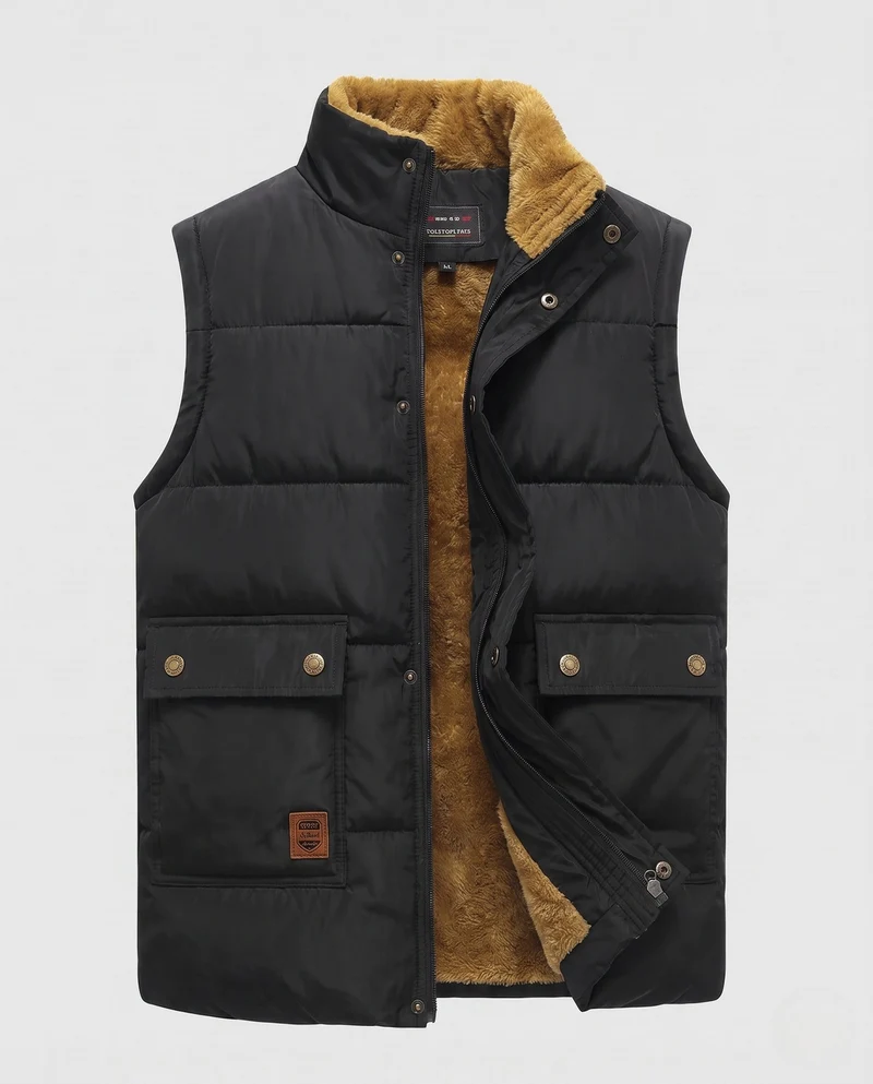 Herren gepolsterte Outdoor-Weste mit Teddyfutter, hohem Stehkragen und Klappentaschen
