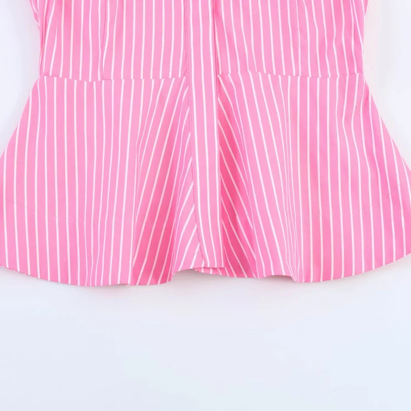 Damen Gestreifte Peplum-Bluse mit Ballonärmeln und Hemdkragen Drune