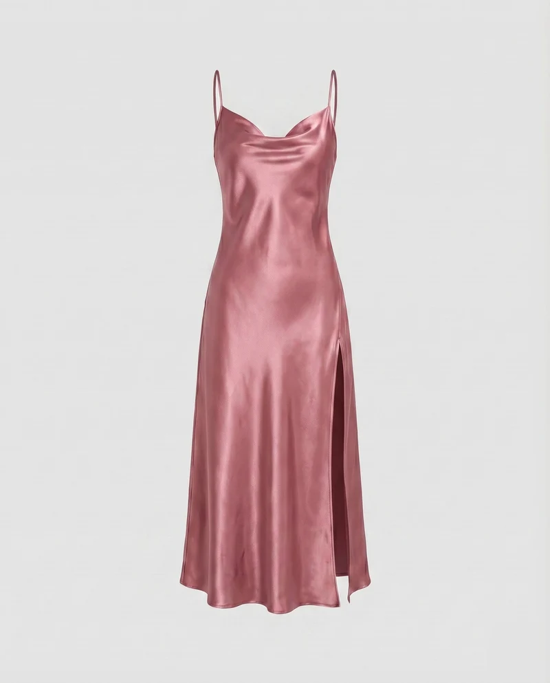 Damen Satin-Midikleid Wasserfall-Ausschnitt Beinschlitz Spaghettiträger