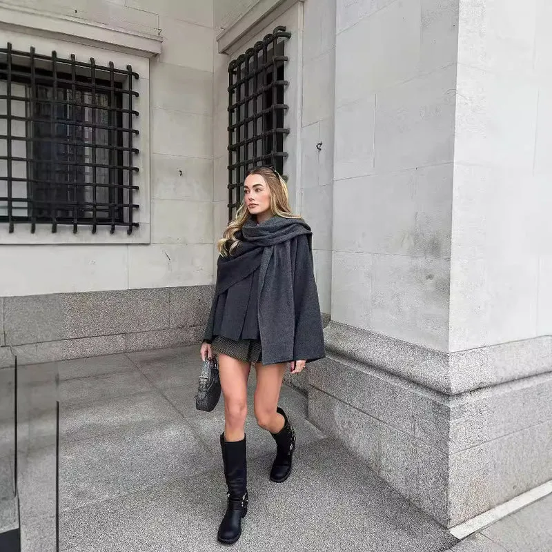 Damen 3500+ zweilagiger Wollmix‑Cape‑Poncho mit Knopfkragen und ausgestellten Ärmeln Drune