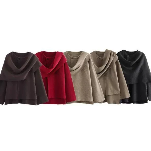 Damen 3500+ zweilagiger Wollmix‑Cape‑Poncho mit Knopfkragen und ausgestellten Ärmeln Drune