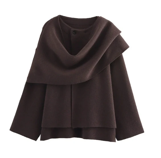 Damen 3500+ zweilagiger Wollmix‑Cape‑Poncho mit Knopfkragen und ausgestellten Ärmeln Drune