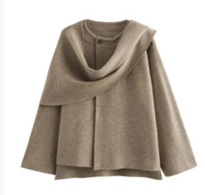 Damen 3500+ zweilagiger Wollmix‑Cape‑Poncho mit Knopfkragen und ausgestellten Ärmeln Drune