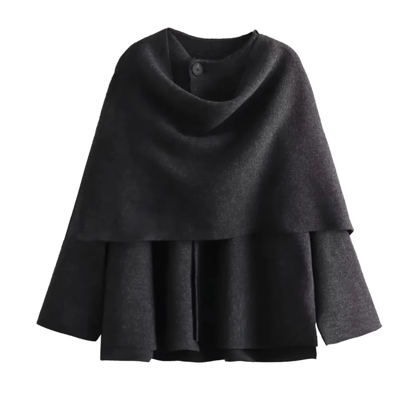 Damen 3500+ zweilagiger Wollmix‑Cape‑Poncho mit Knopfkragen und ausgestellten Ärmeln Drune