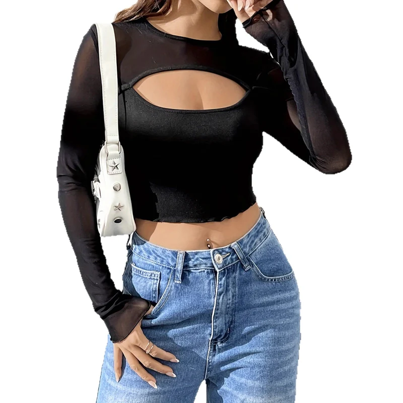 Damen nan Lagen-Crop-Top mit Brust-Cut-Out, Bustier-Innenlage und transparenten Langärmeln Drune