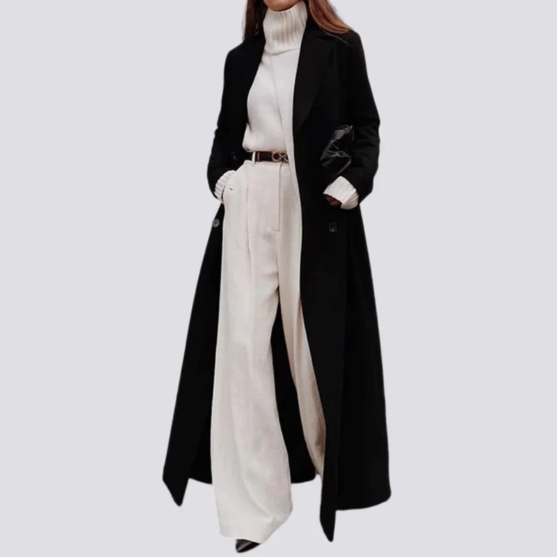 Damen Eleganter Oversized Wolle-Mantel mit schmalem Gürtel Drune