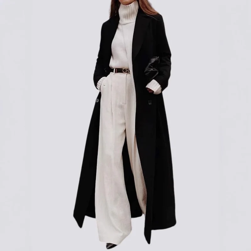 Damen Eleganter Oversized Wolle-Mantel mit schmalem Gürtel Drune