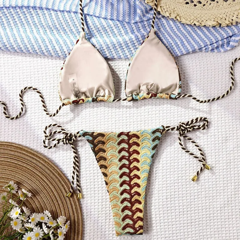 Damen Häkel-Bikini mit kontrastierenden Wellenmustern Drune