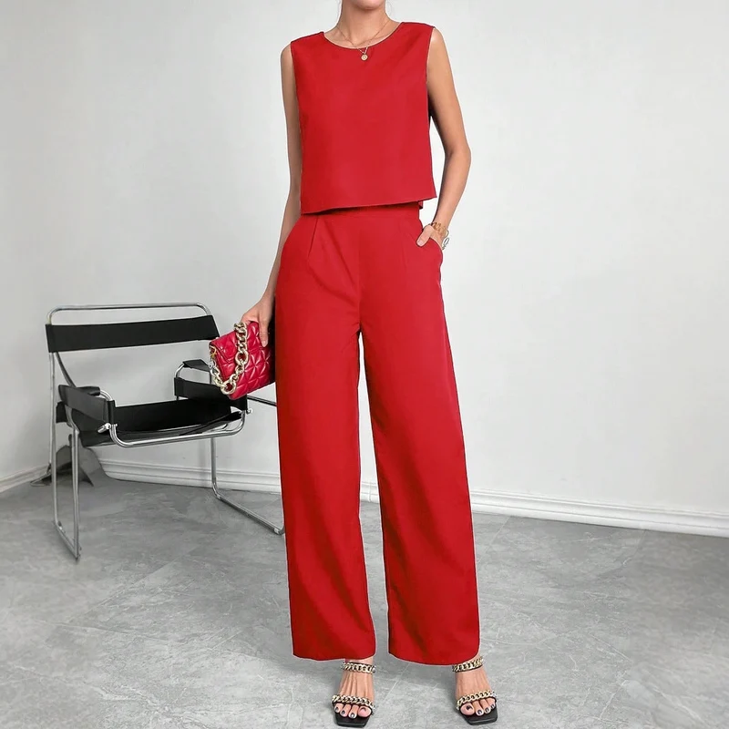 Damen Zweiteiler Set mit modernem Oberteil und weitem Hose Drune