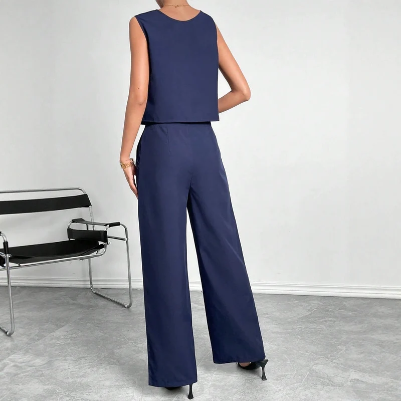 Damen Zweiteiler Set mit modernem Oberteil und weitem Hose Drune