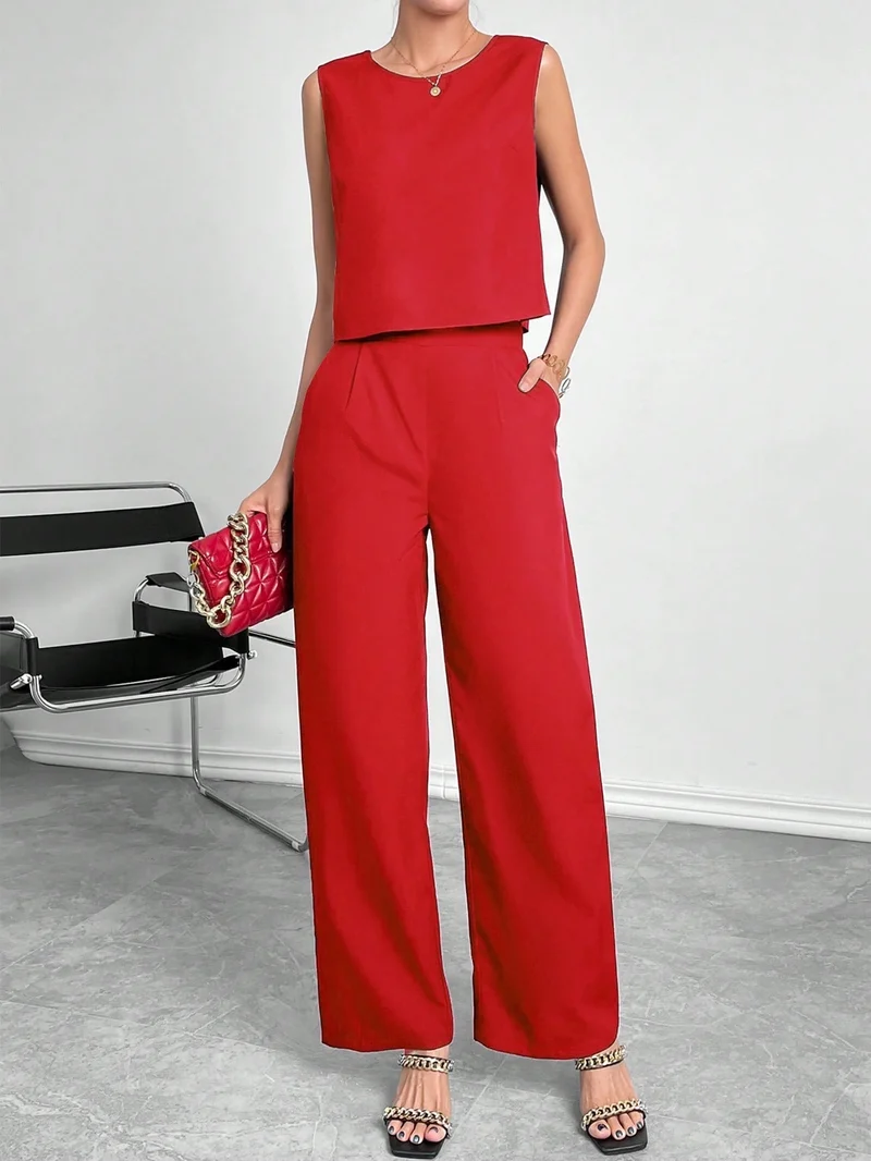 Damen Zweiteiler Set mit modernem Oberteil und weitem Hose Drune