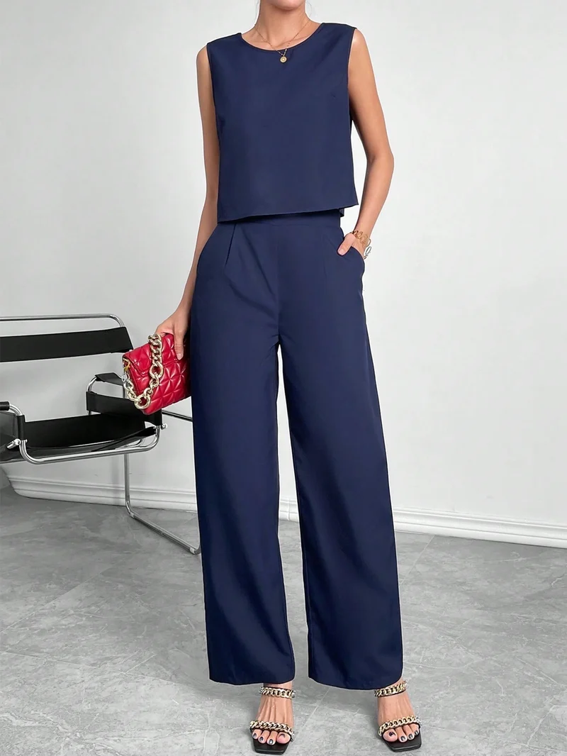 Damen Zweiteiler Set mit modernem Oberteil und weitem Hose Drune