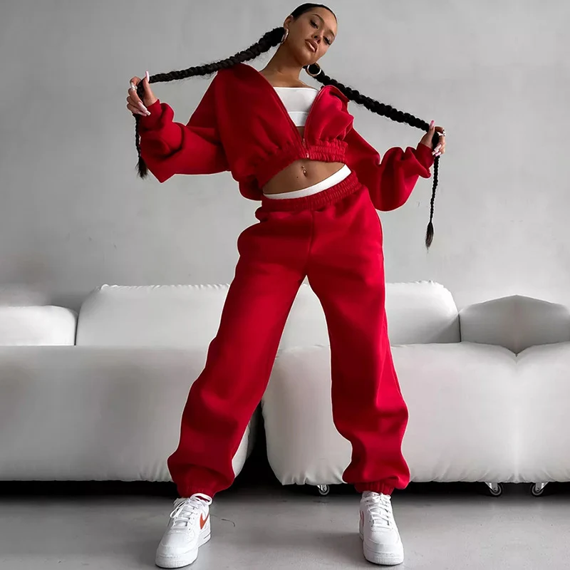 Damen Cropped‑Zip‑Hoodie mit Ballonärmeln und hochgeschnittener Jogginghose mit gerafftem Taillenbund Drune